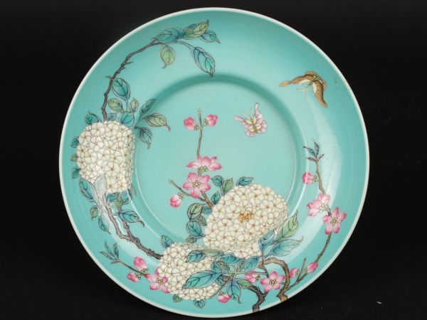 清 乾隆年製 陶磁器 緑地花卉盤」染付 置物 擺件 古賞物 中国古美術 旧