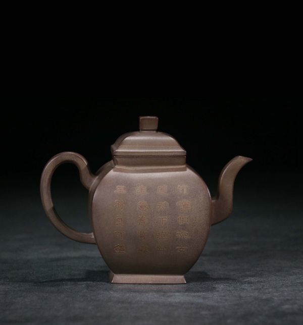 紫砂彫 泥絵紋紫砂方壺 荊渓史継長製銘 清時代」陶磁器 急須 茶道具 古