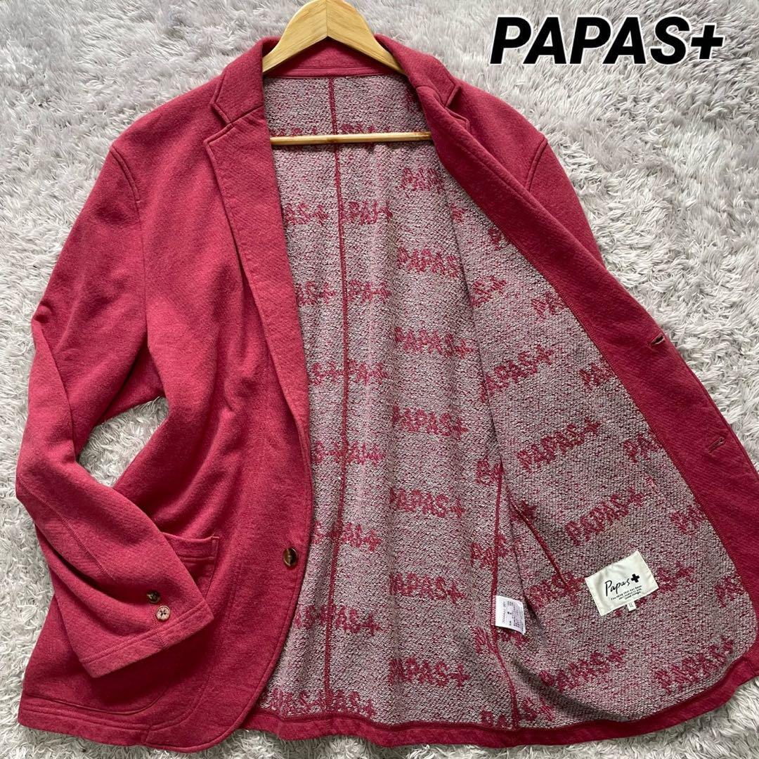 PAPAS+ パパスプラス テーラードジャケット コットン アンコン スウェット 2B 赤 レッド メンズ ロゴ総柄 大きいサイズ LL_画像1