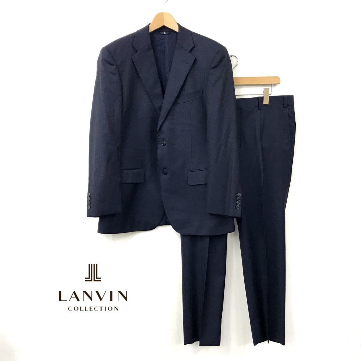 O697-N◆美品◆ LANVIN ランバン セットアップ スーツ シングル 2B 総裏 ◆ size52 ネイビー ヘリンボーン 紺 ウール サイドベンツ_画像1