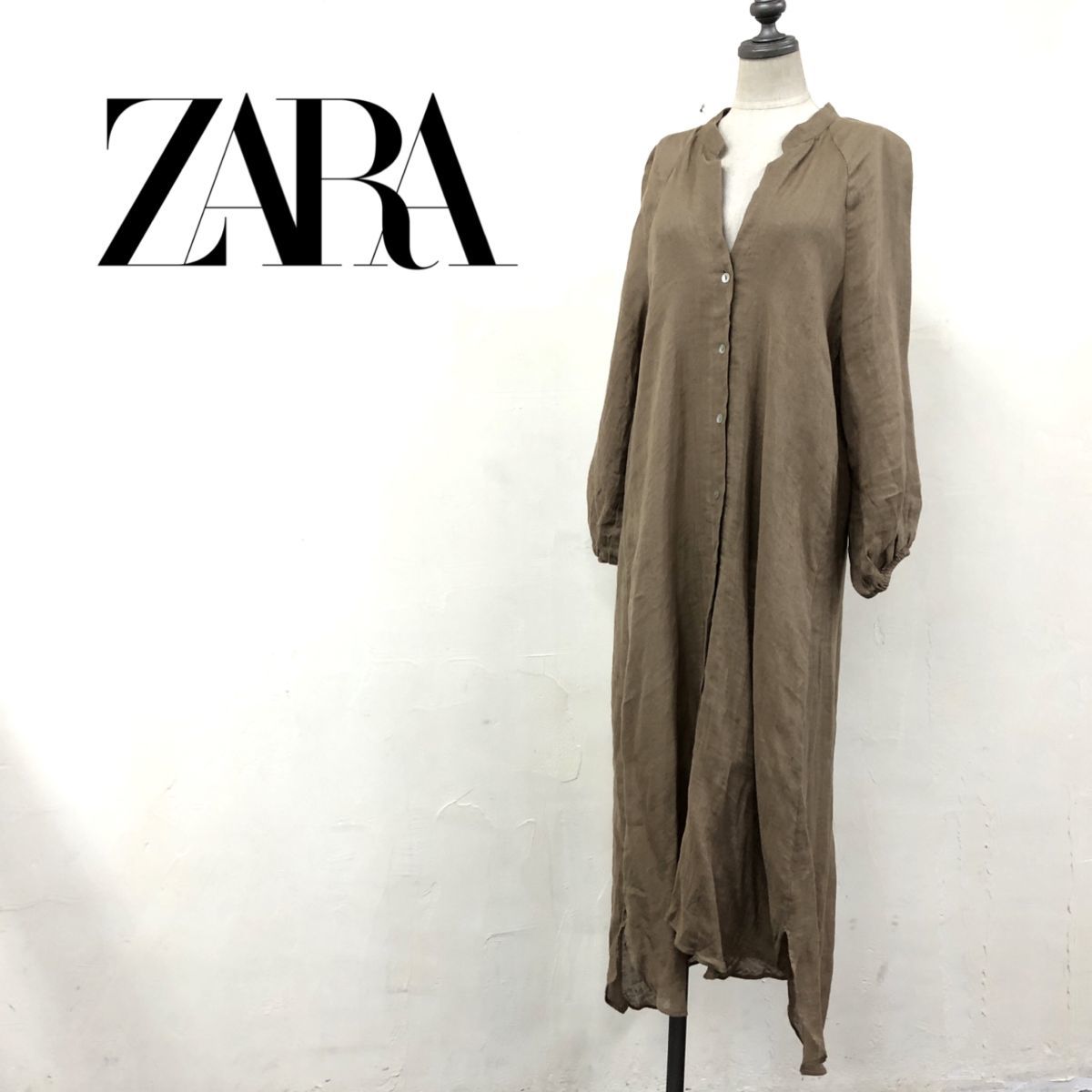 O629-O-N◆良品◆ ZARA ザラ シャツワンピース リネン ロング 開襟 スキッパー 長袖◆sizeXS ベージュ_画像1