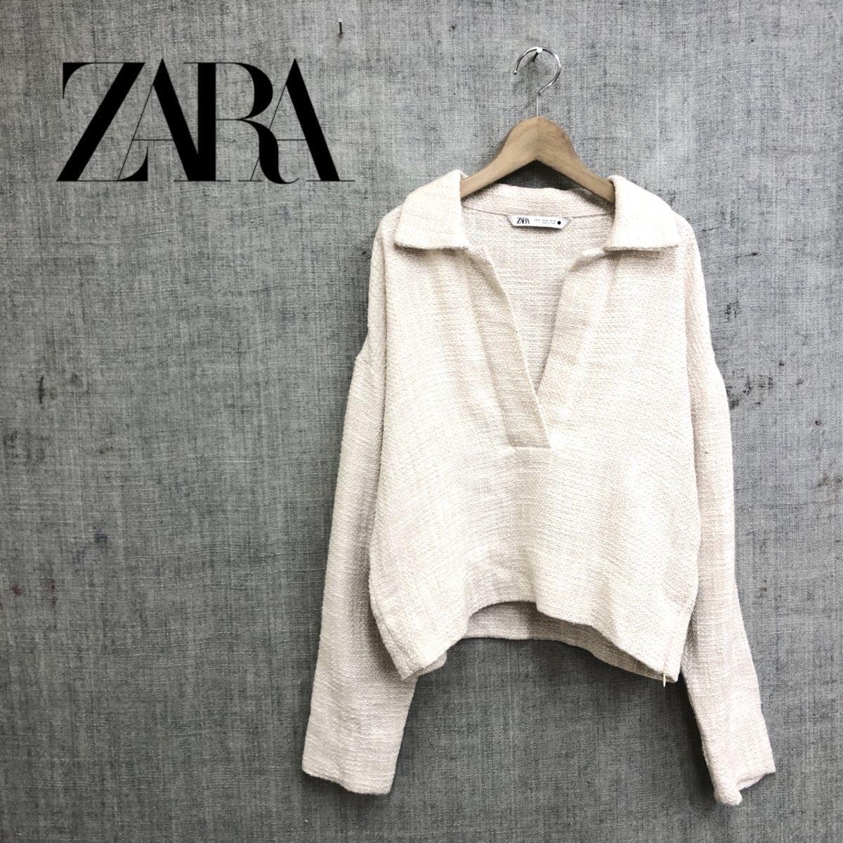 O1248-O◆美品◆ ZARA ザラ スキッパーシャツ 開襟 長袖 トップス◆sizeM コットン ベージュ アイボリー_画像1