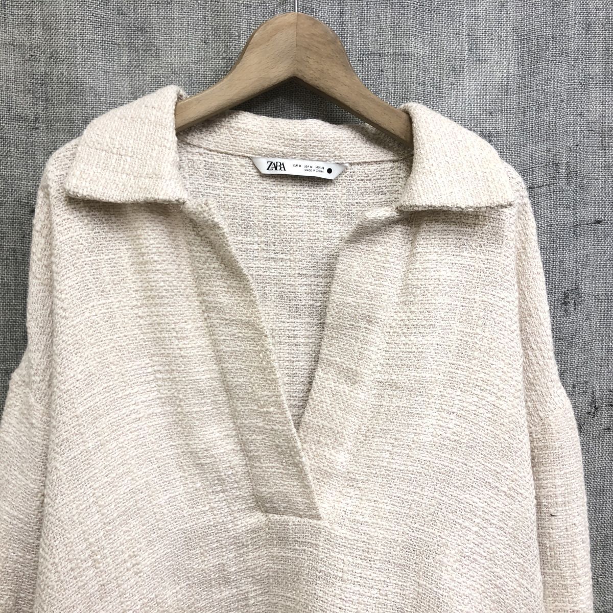 O1248-O◆美品◆ ZARA ザラ スキッパーシャツ 開襟 長袖 トップス◆sizeM コットン ベージュ アイボリー_画像3