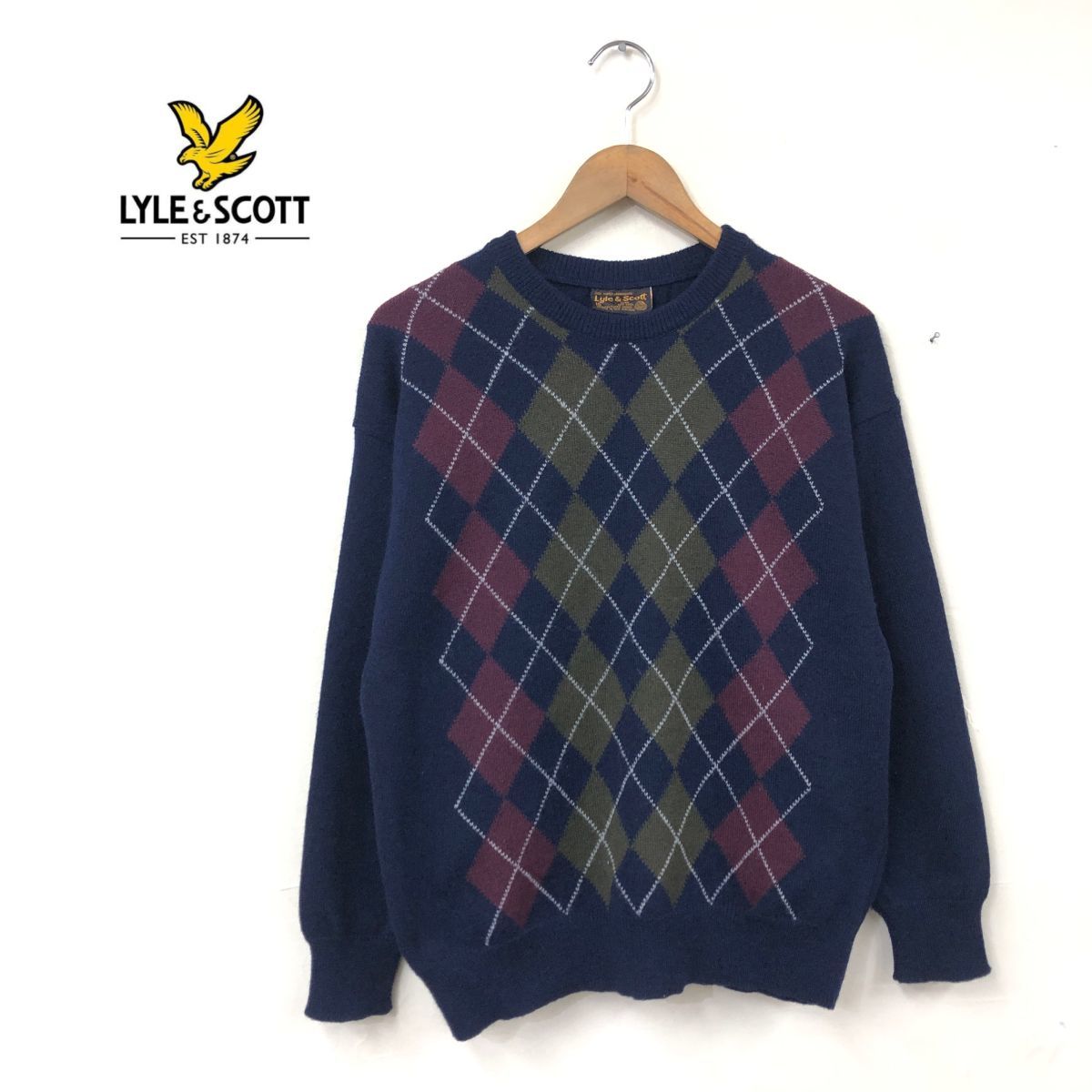 O1720-T◆Lyle&Scott ライルアンドスコット ニット セーター ロングスリーブ アーガイル柄◆size16 ネイビー メンズ トップス ウール100_画像1