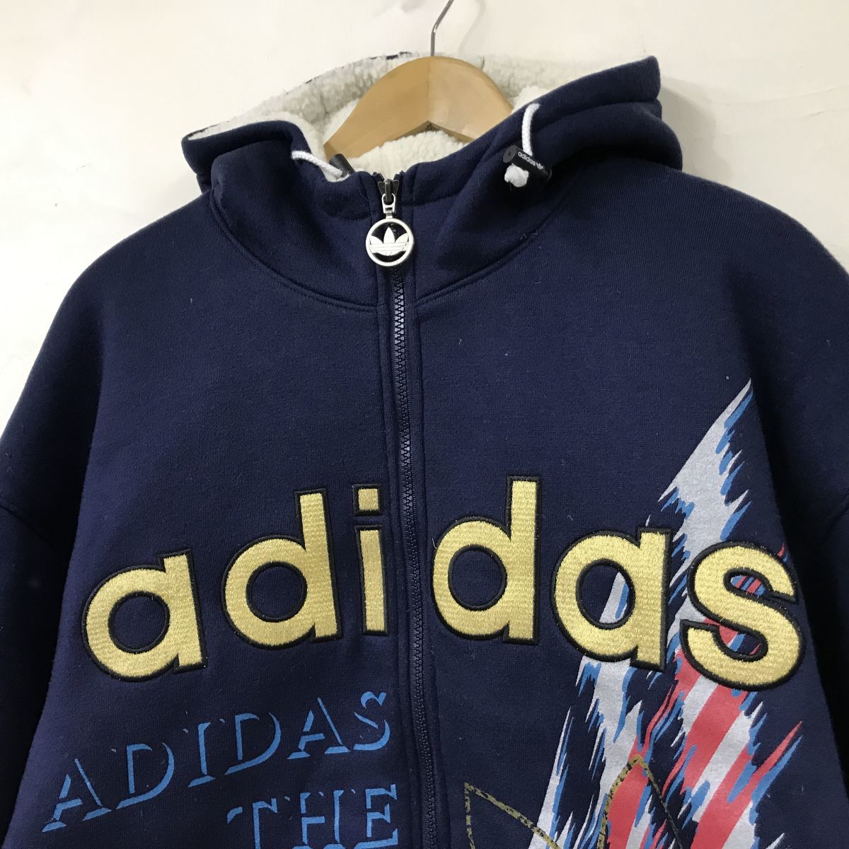 O2129-D◆old◆ adidas アディダス パーカー 裏キルティング フード部分ボアフリース 厚手 ◆ sizeL ネイビー 紺 アクリル メンズ 大きめ_画像5