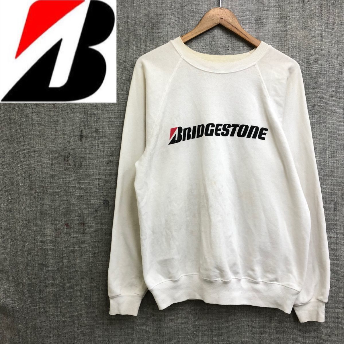 O2349-F-N◆80s◆vintage◆BRIDGESTONE ブリヂストン ヘインズ トレーナー スウェット USA製◆sizeL コットン ポリエステル 古着 秋冬 ロゴ_画像1