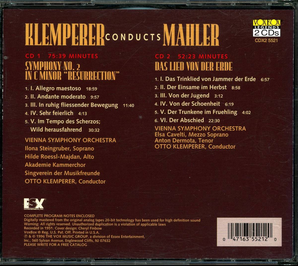 USA盤2CD クレンペラー マーラー 2番 大地の歌_画像2
