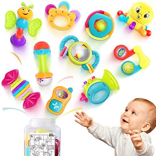 iPlay, iLearn 赤ちゃん用 ガラガラ、歯固め、シェーカー、掴んで回すラトル、音の出るおもちゃ10点セット、幼少教育玩具 3、　(shin
