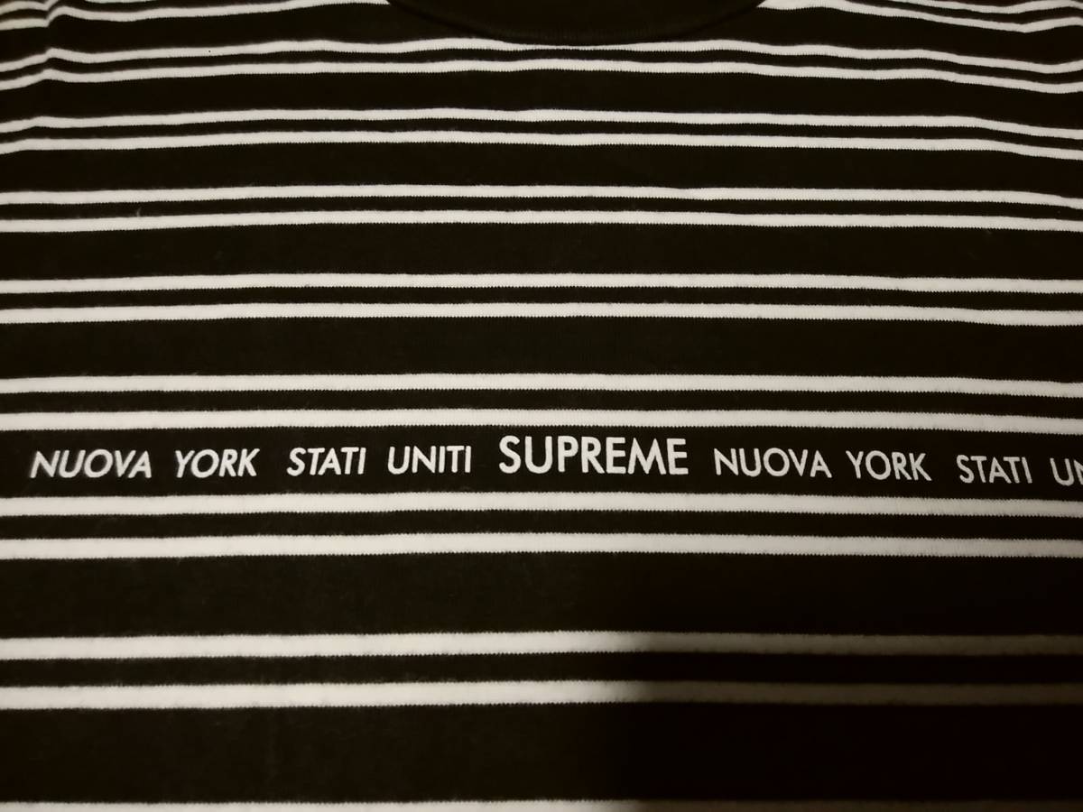 【Supreme シュプリーム】ボーダー柄TシャツM ポルトガル製 「NUOVA YORK STATI UNITI SUPREME」プリント入り 人気アイテム_画像4