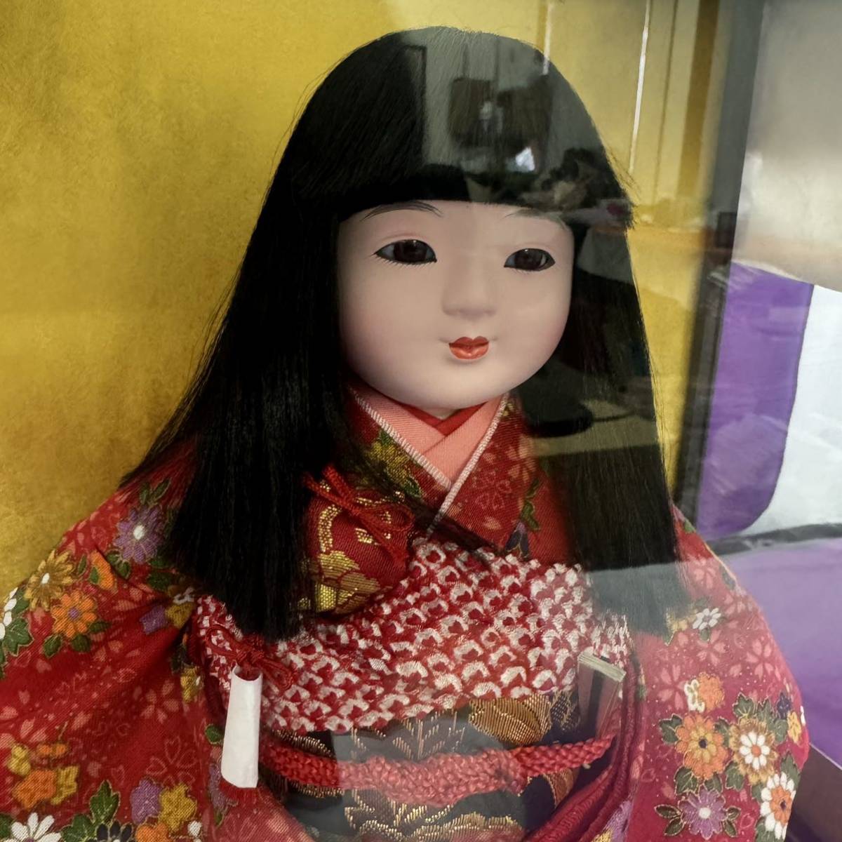 ◆未使用 日本人形 陽菜 市松人形 わらべ 着物 赤 伝統品 美術 コレクション ガラスケース アンティーク 置物 飾り インテリア 119-63_画像2