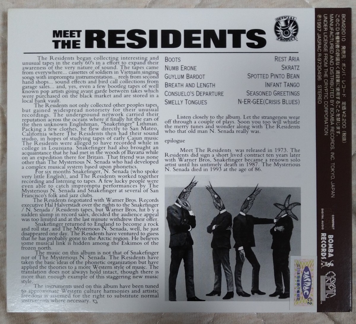 THE RESIDENTS present Meet the Residents 旧規格デジパック帯付国内盤中古CD ザ・レジデンツ ミート・ザ・レジデンツ BOM22010 2200円盤_画像2