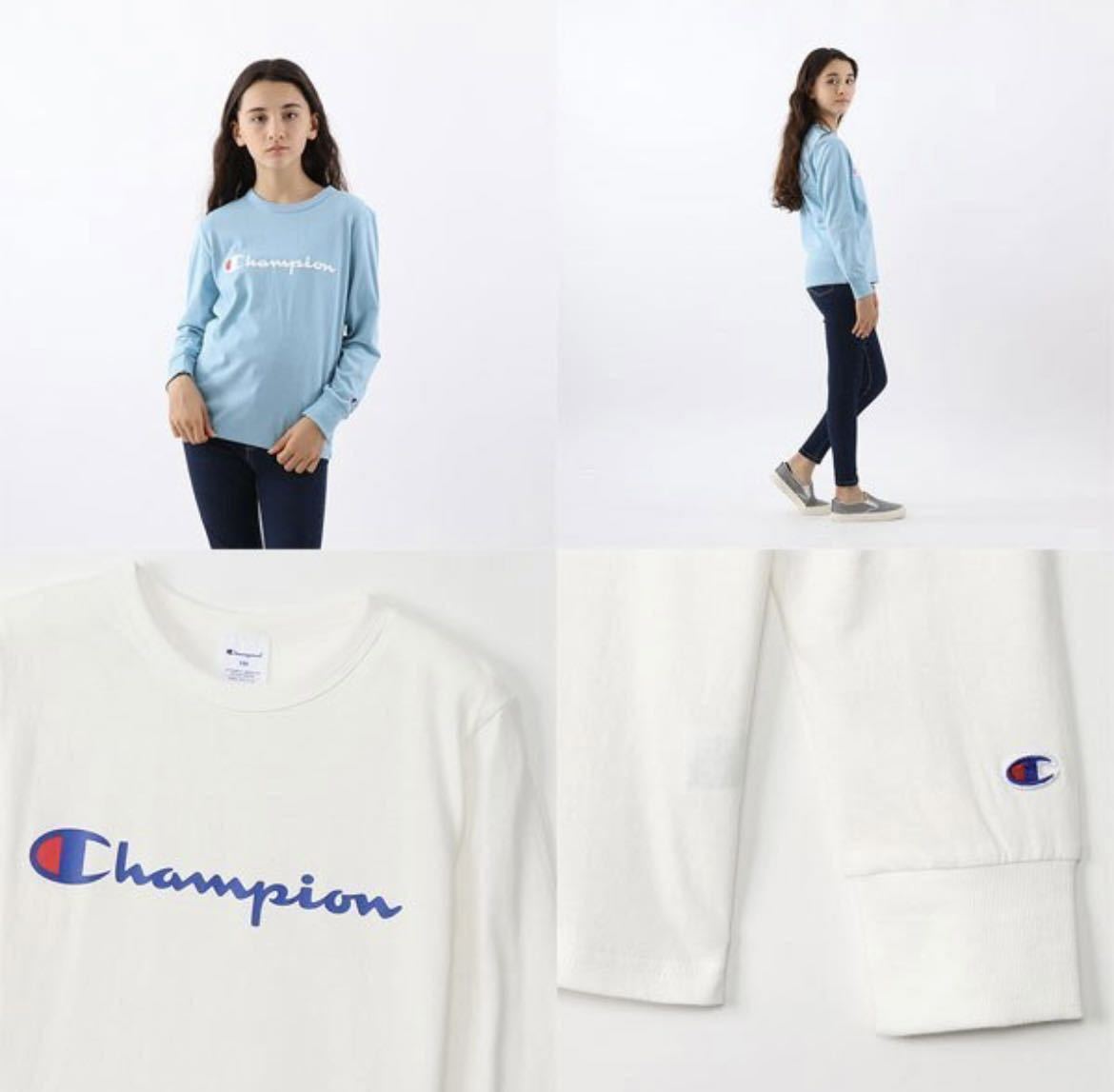  new goods 16757 Champion Champion 150cm white white long sleeve T shirt . print Logo ound-necked T-shirt spring all season Kids Junior man and woman use 