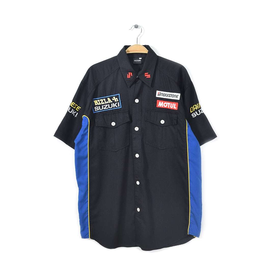 【送料無料】スズキ レーシングシャツ 青黃 バック刺繍 SUZUKI BRIDGESTONE メンズL相當(dāng) アメカジ 古著 @CB1193