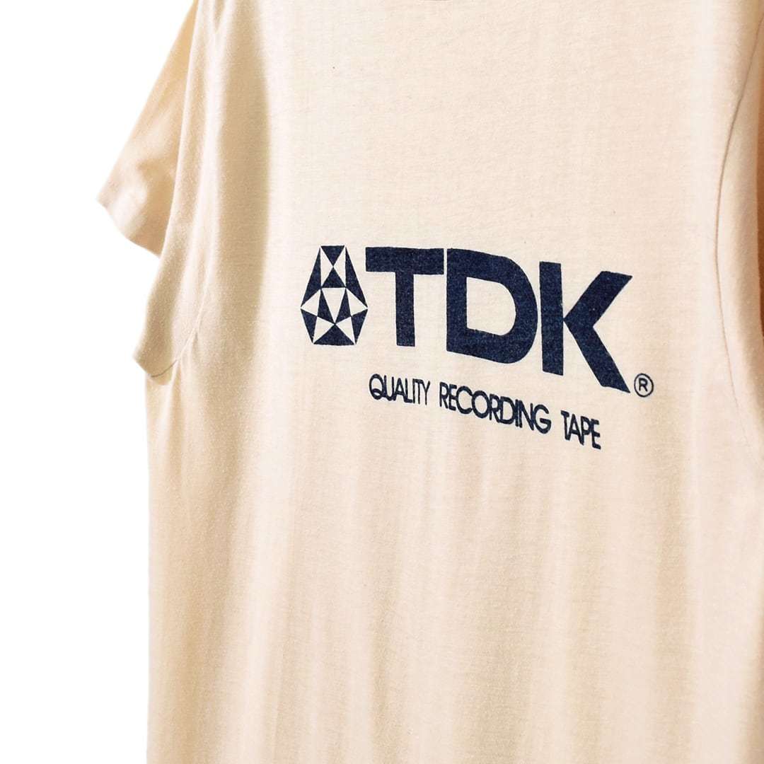 【送料無料】80s カセットテープ TDK ヴィンテージTシャツ 染み込みプリント 袖裾シングル ベージュ サイズL相当 アメカジ 古着 @BZ0144_画像3