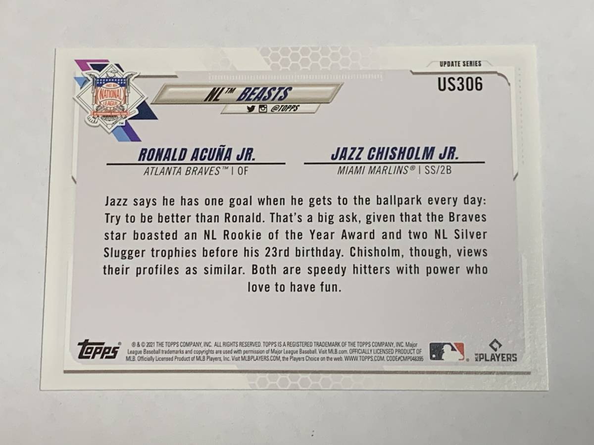 RONALD ACUNA JR. JAZZ CHISHOLM JR. 2021 TOPPS UPDATE #US306 BRAVES MARLINS 即決_画像2