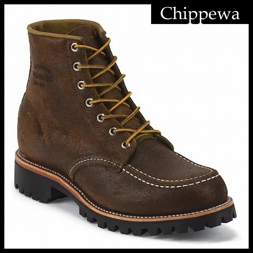 送料無料 新品 USA製 CHIPPEWA チペワ 1901M64 ホーウィン社 ラフアウト フルグレイン モックトゥ ラギッド フィールド ブーツ 茶 US9.5 ①