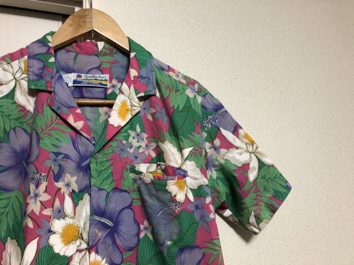 【送料込】70s80sヴィンテージ！!MADE IN USA!アメリカ製 Sheirline Hawaii製コットン花柄ハワイアンシャツアロハシャツ sizeS_画像1