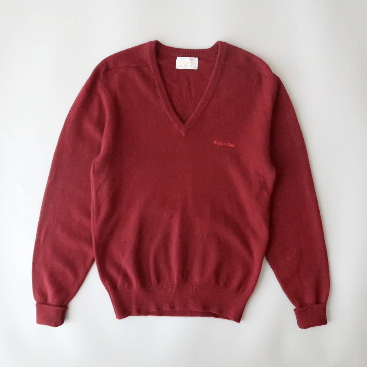  Britain made Old Aquascutum bordeaux pure cashmere Logo embro Ida Lee V neck sweater absolute size 40 ML degree / Vintage Aquascutum 