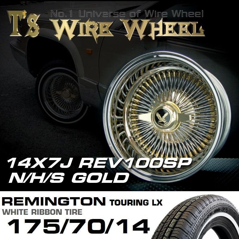 □ ティスファクトリー ワイヤーホイール 14×7J リバース トリプル ゴールド 100SP レミントン 175/70/14 ホワイトリボンタイヤセット_画像1