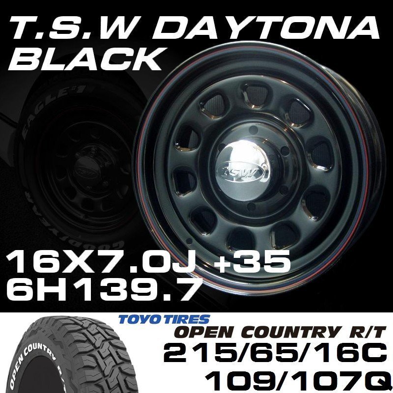 □ ティスファクトリー TSW デイトナ ブラック 16×7J +35 6穴139.7 トーヨー OPEN COUNTRY R/T 215/65R16C ホワイトレター タイヤ セット_画像2