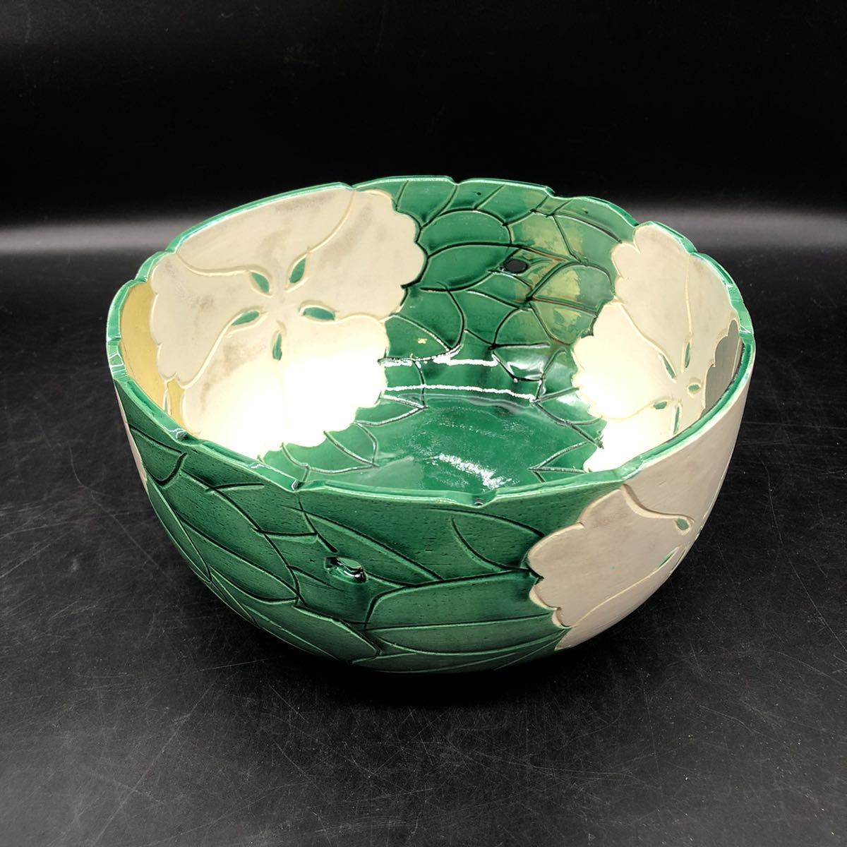 美品　平安瑞雲　菓子鉢 青交趾芙蓉　和食器　陶磁器　菓子器　お皿　鉢　H16_画像2