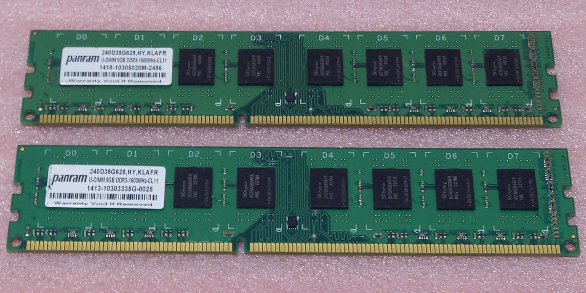 ○panram 240D38G628 2枚セット - PC3-12800U/DDR3-1600 SK hynixチップ 240Pin DDR3 UDIMM 16GB(8GB x2) 動作品_画像1