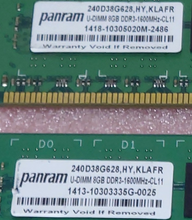 ○panram 240D38G628 2枚セット - PC3-12800U/DDR3-1600 SK hynixチップ 240Pin DDR3 UDIMM 16GB(8GB x2) 動作品_画像3