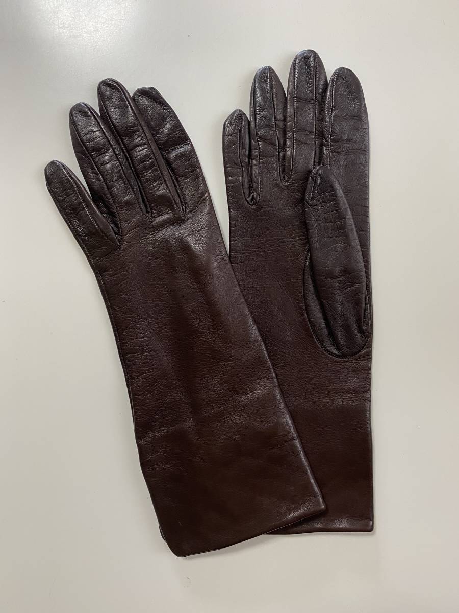 [ beautiful goods ] Italy made CERUMO ne-ta lady's leather glove dark brown leather gloves size 7 silk lining SERMONETA GLOVES