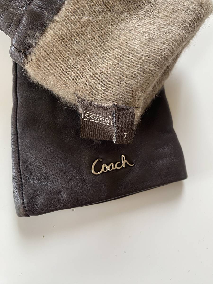 [ used ] Coach COACH lady's leather glove leather gloves Brown size 7 cashmere lining 