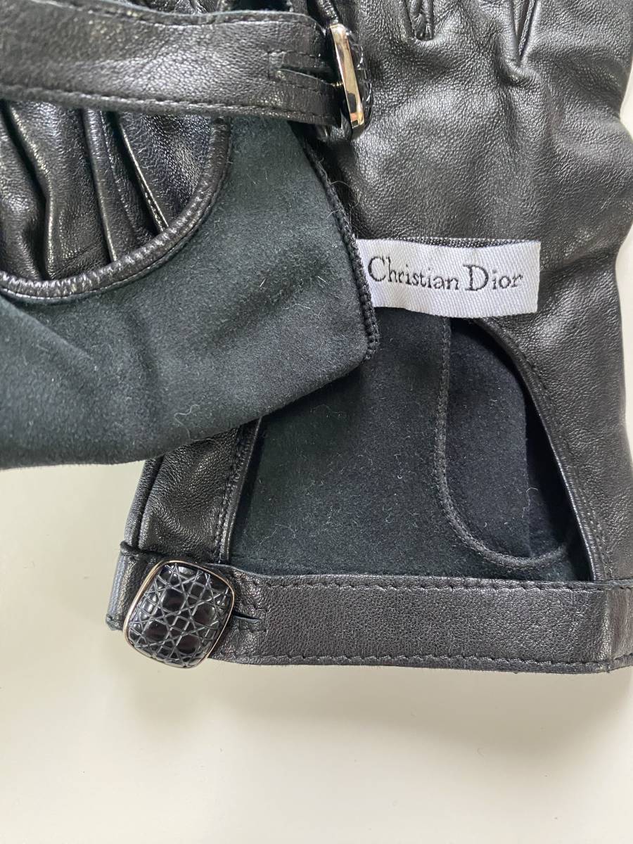[ beautiful goods ] France made Christian Dior lady's leather glove black leather gloves lining less size 7.5 Christian Dior
