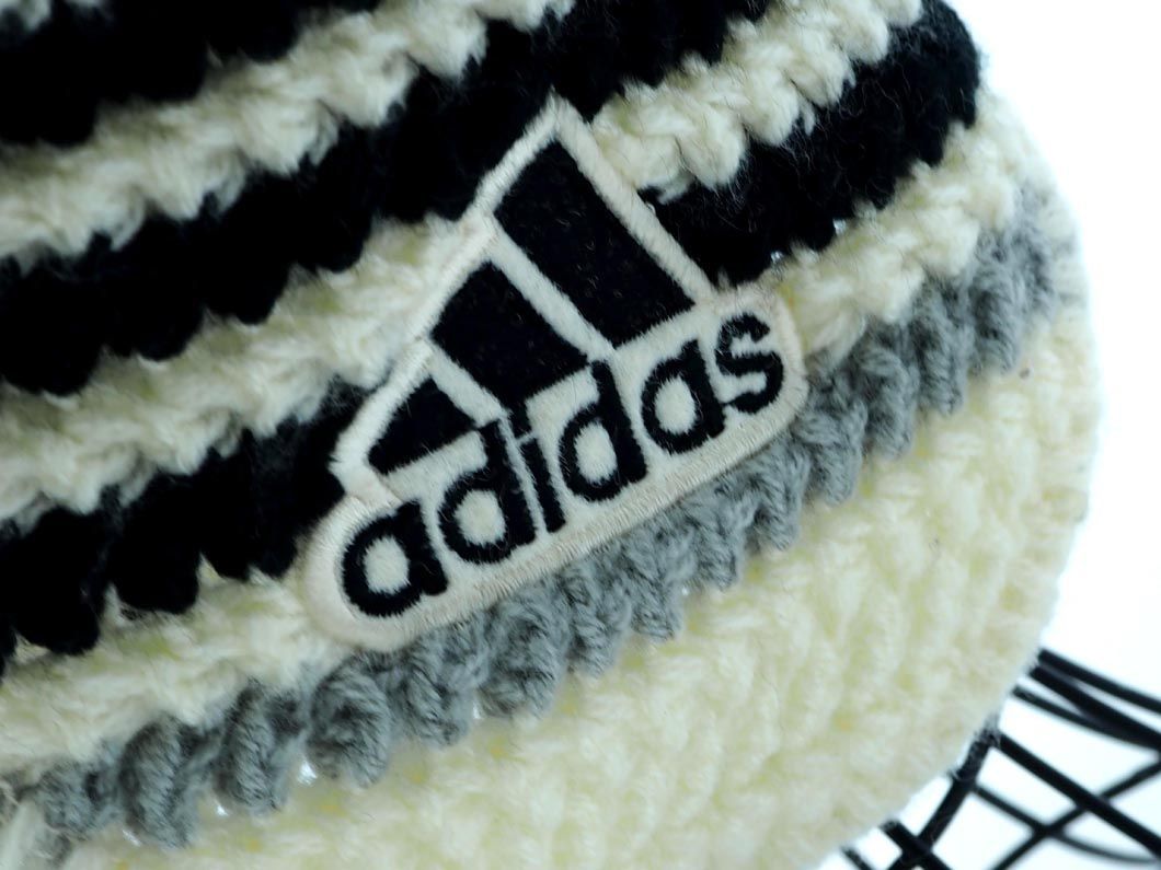 adidas アディダス ボーダー 耳当て ニット帽 sizeF（57-60cm）/オフホワイトｘ黒ｘグレー ◆■ ☆ djc4 レディース_画像5