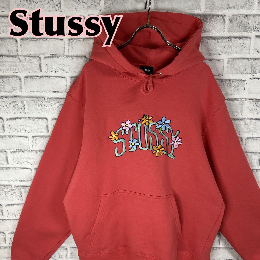 人気パイル刺繍ロゴ】Stussyでかろごパーカー古着ネイビー裏起毛