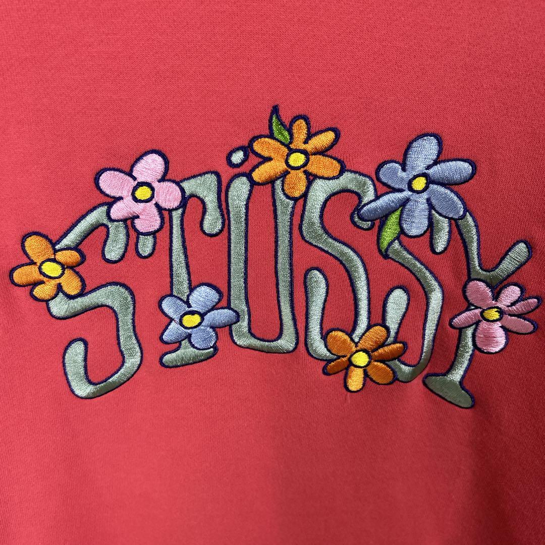 stussy ステューシー パーカー センターロゴ刺繍 フラワー花柄 希少カラー 冬服 秋服 古着 プルオーバー ストリート フーディ ロゴ