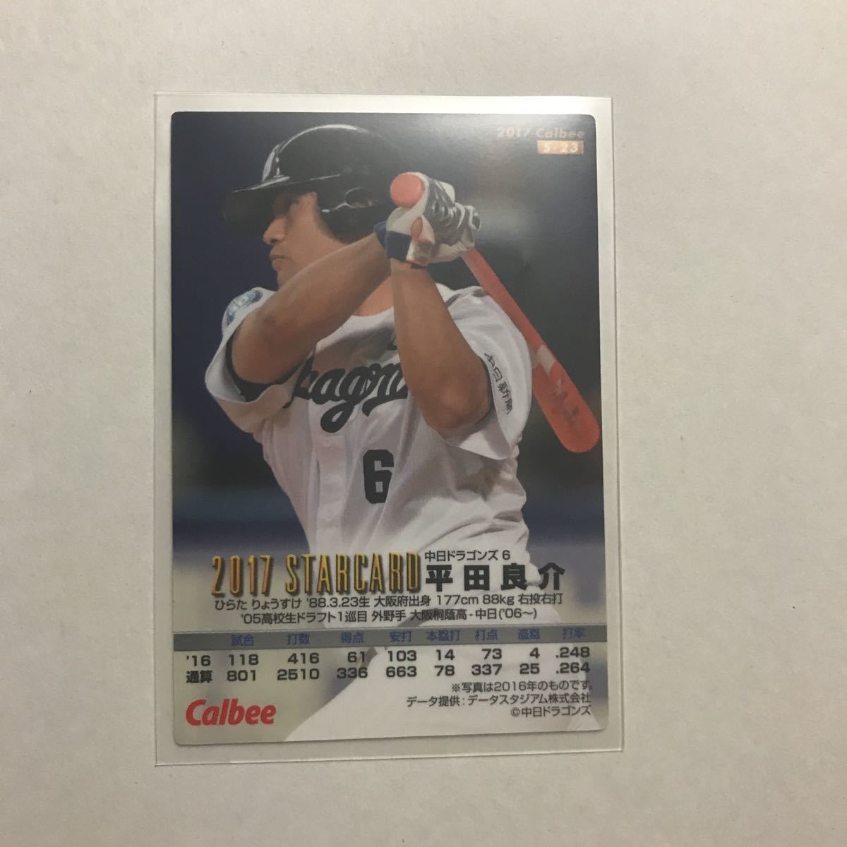 カルビー プロ野球チップス 中日ドラゴンズ 平田良介 金箔サインカード 2017年_画像2