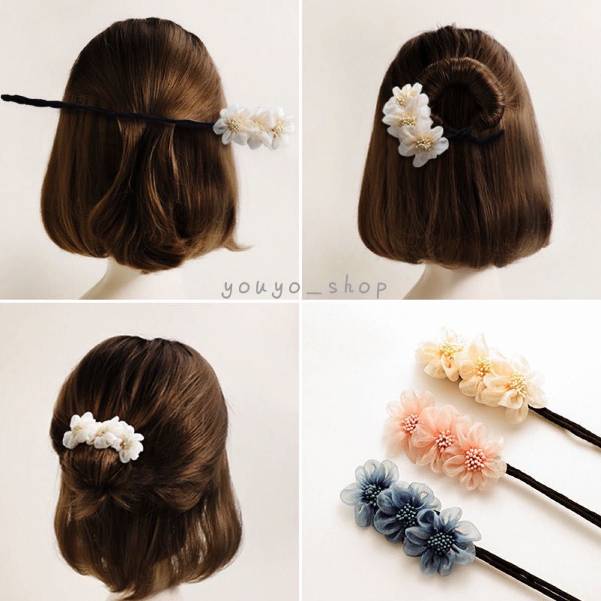 レディースヘアアクセサリー　お団子用　ヘアアクセサリーシニヨンメーカー 花 卒業式 かんざし 浴衣 和装髪飾り 成人式 成人式  