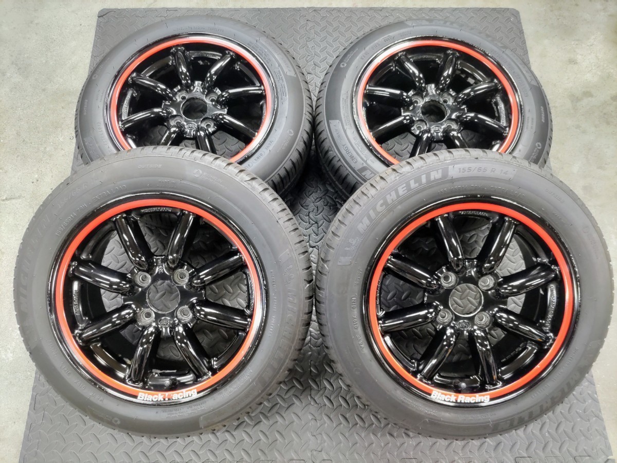 希少 ブラックレーシング Black Racing 8スポーク 14インチ 6J +40 4穴 PCD100 バリ山 2021年 MICHELIN 155/65R14 ワタナベ エイトスポーク_画像1