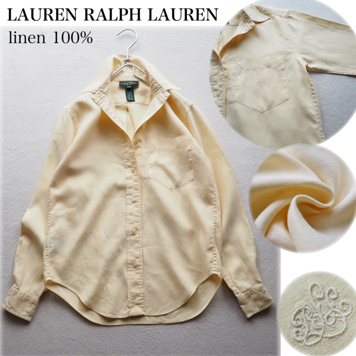 LAUREN RALPH LAUREN ローレン ラルフローレン ロゴ刺繍 リネンシャツ 長袖シャツ 羽織り ライトイエロー 黄色