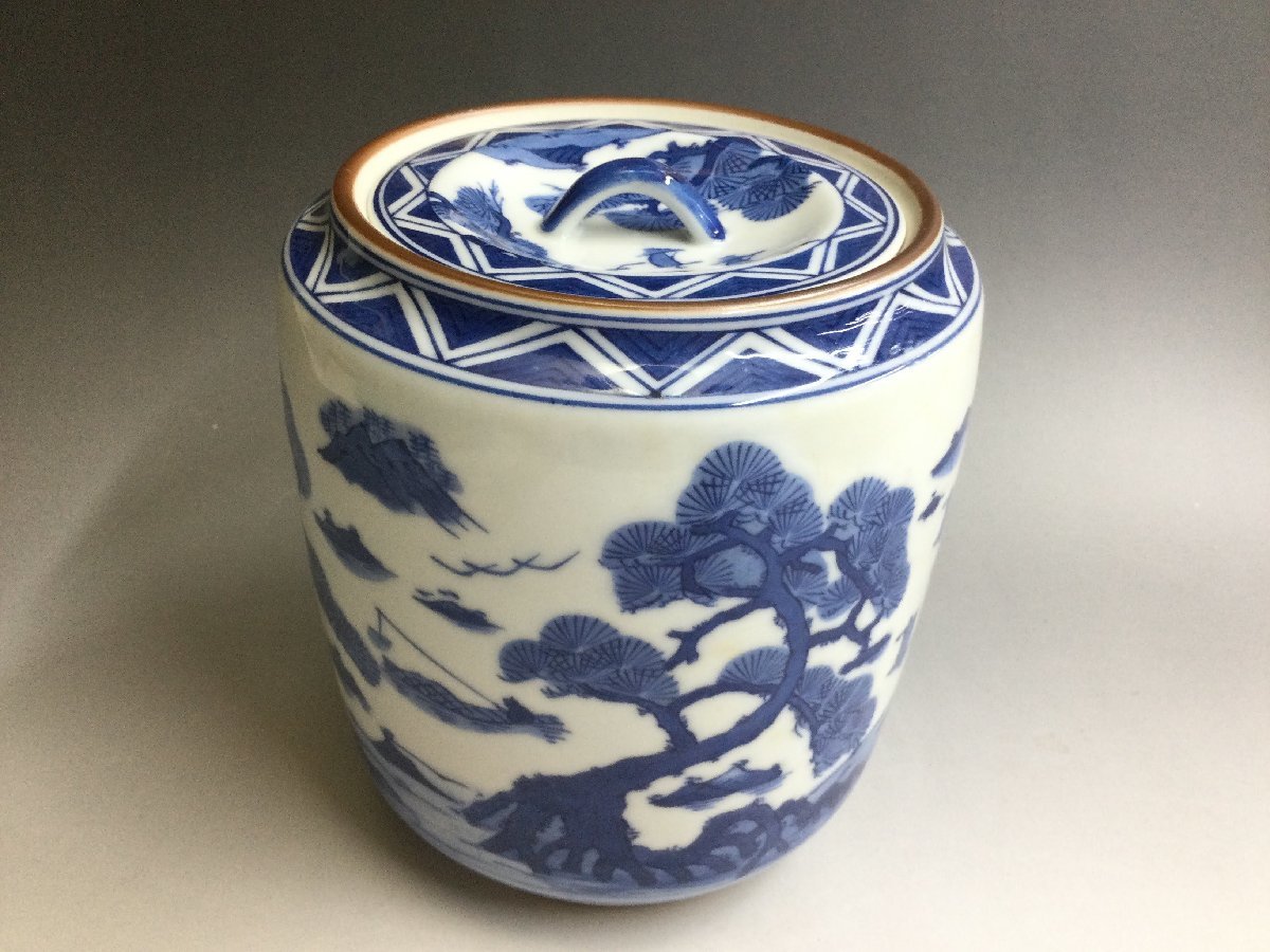 【三】美品　子右窯　水差し　陶器蓋　茶道具　染付　松　山水画　陶器蓋　焼き物　陶器 　o3016-P_画像1