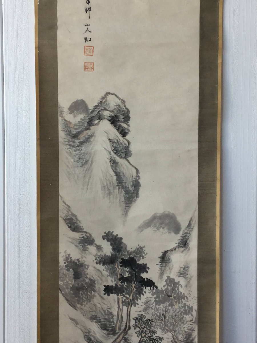三】掛け軸詳細不明山水水墨サインあり落款ありs3028_J-水墨畫 三】掛け軸詳細不明山水水墨サインあり落款ありs3028_J-水墨畫