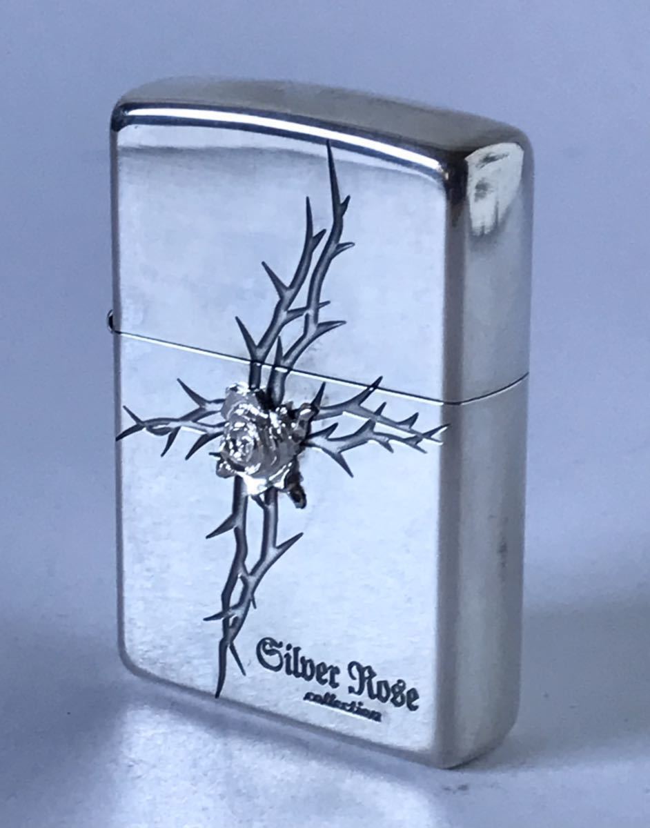 即決★未使用ZIPPO ジッポーライター SILVER ROSE シルバーローズ オイルライター バラ 薔薇 花柄　エッチング シルバーメタルプレート _画像2