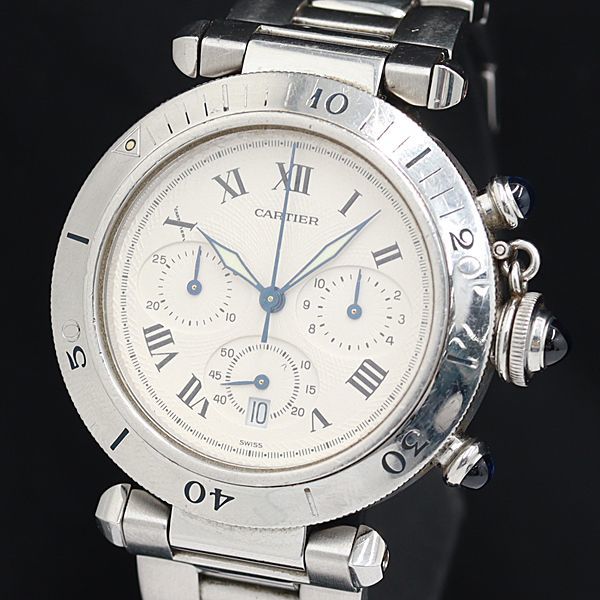 1円 稼働 良品 カルティエ パシャ38ｍｍ QZ W31018H3 クロノグラフ シルバー文字盤 デイト メンズ腕時計 OGH 0005610