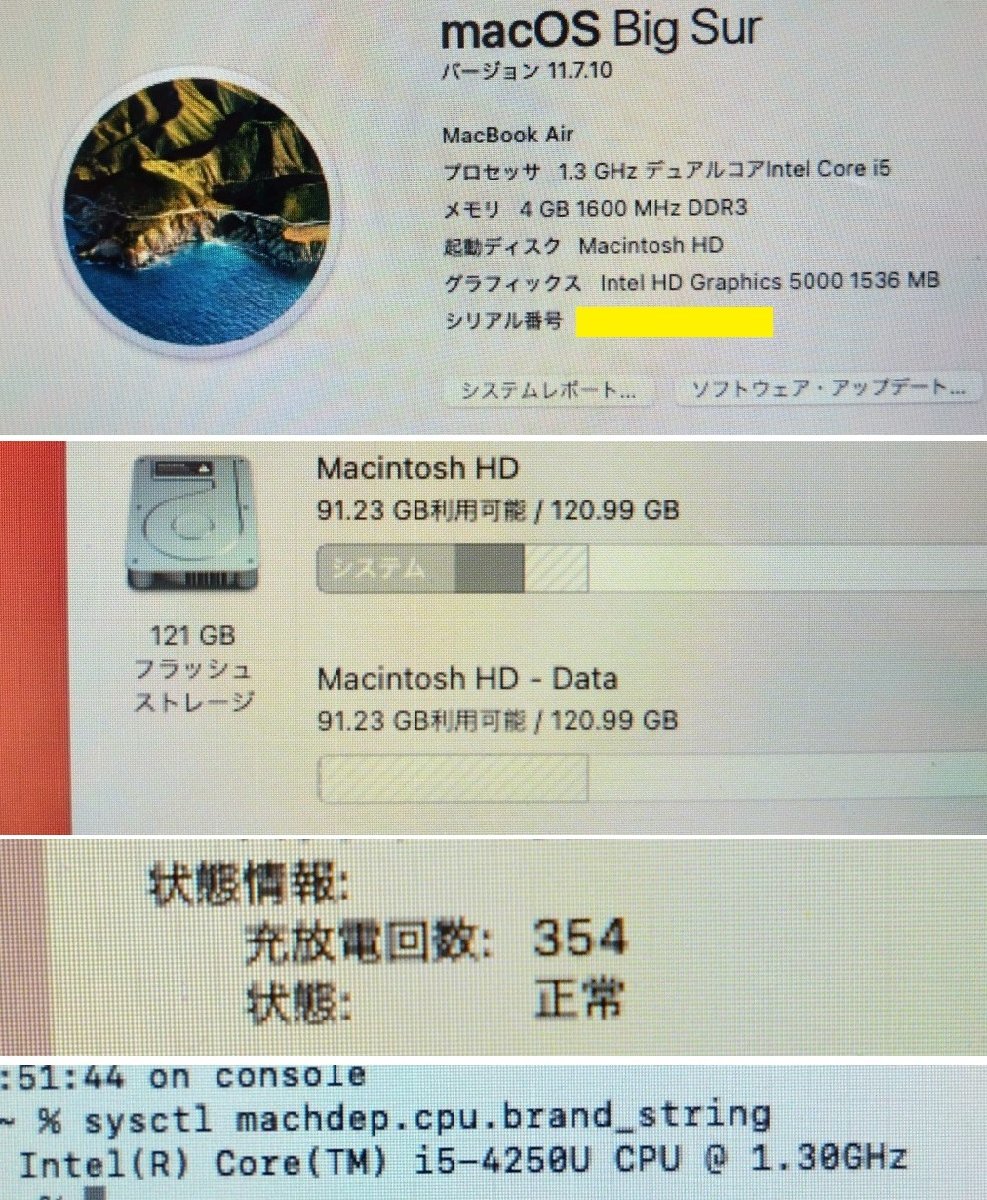 Apple MacBook Air 2013 13.3インチ A1466/MD760J/A 充放電回数：354回 /OS：Big Sur/CPU：Core i5 1.3GHz/メモリ：4GB/SSD：128GB_画像8