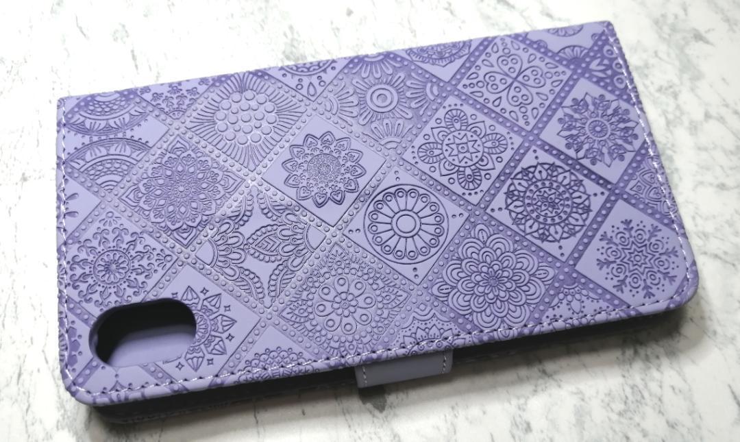 浮き彫り調 iPhoneXR用 手帳型ケース アラベスク パープル紫色_画像4
