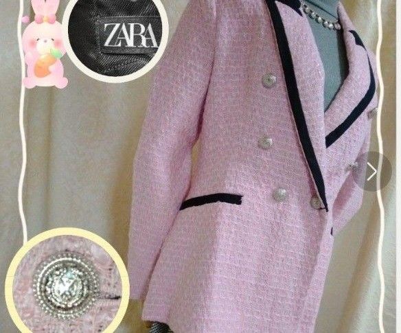【ZARA ザラ】　コントラストパイピング　ツィードジャケット　ピンクMサイズ