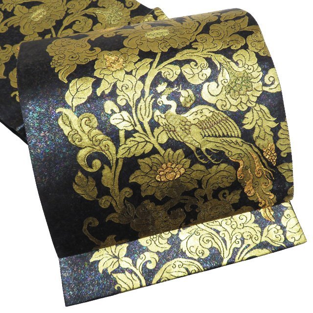 袋帯 中古 リサイクル 正絹 フォーマル 仕立て上がり 六通 花の図 鳳凰 引箔 黒色 多色 金 きもの北條 A933-11