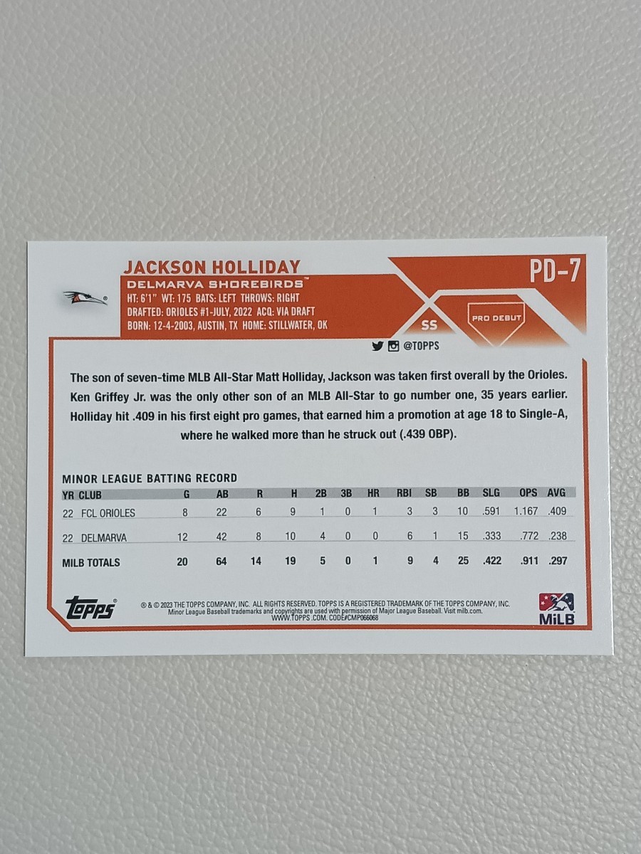 MLB 2023 TOPPS PRO DEBUT ジャクソン ホリデイ ホリデー HOLLIDAY ベース #PD-7_画像2