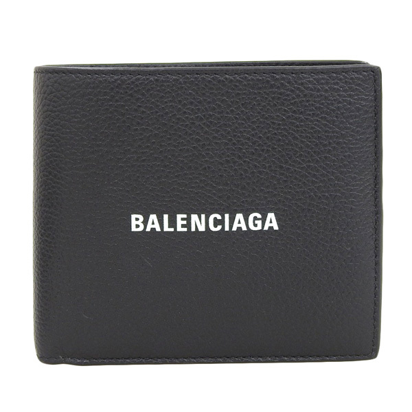 【中古】Balenciaga バレンシアガ レザー ロゴ 二つ折り コンパクト財布 594215 ブラック メンズ gy