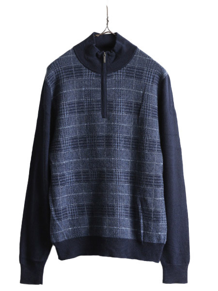 ブルックスブラザーズ ハーフジップ メリノ ウール ニット セーター メンズ M 古著 Brooks Brothers ハイネック チェック プルオーバー 紺