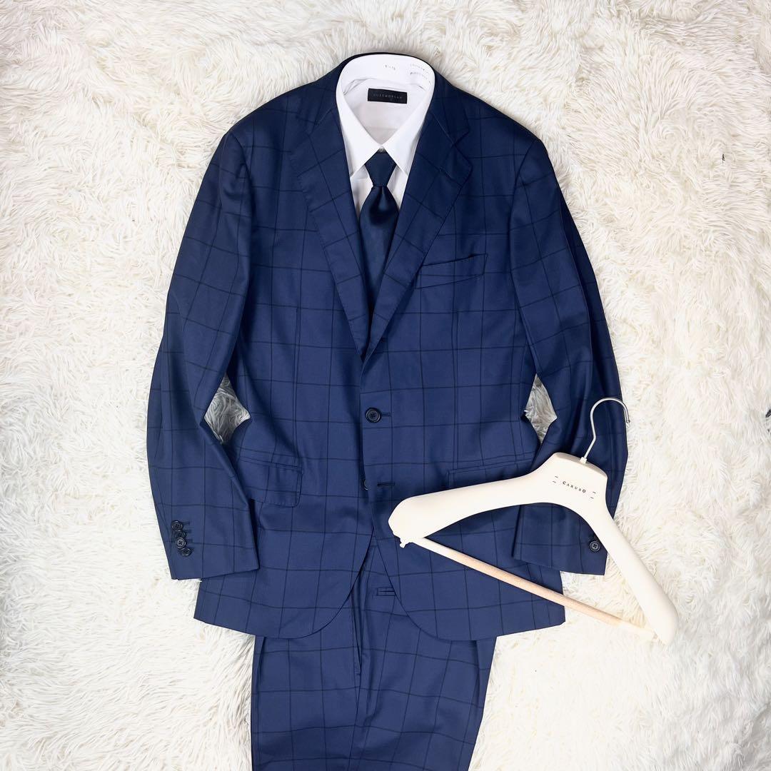 ＜美品＞CARUSO カルーゾ ブルー チェック ウール スーツ サイズ48 Lサイズ ビジネス 結婚式 パーティー