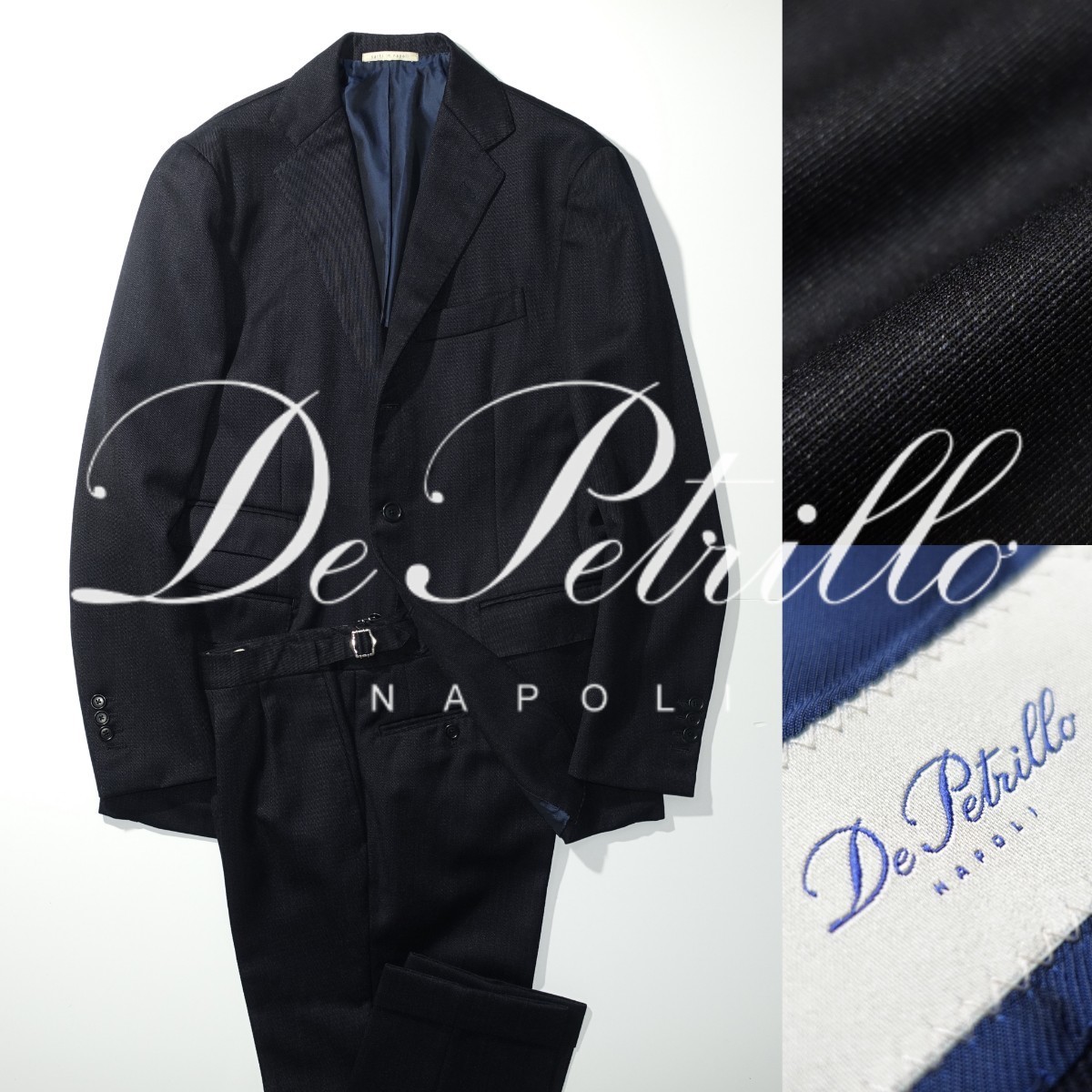 【極美品】De Petrillo デペトリロ キャバリーツイル ウール100% インディゴ デニム調 ダークネイビー サルトリア ベルトレススーツ size48